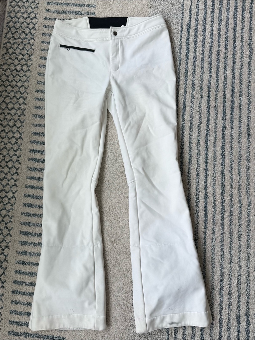 Obermeyer White Flare Ski Pants with Black Zip Detail